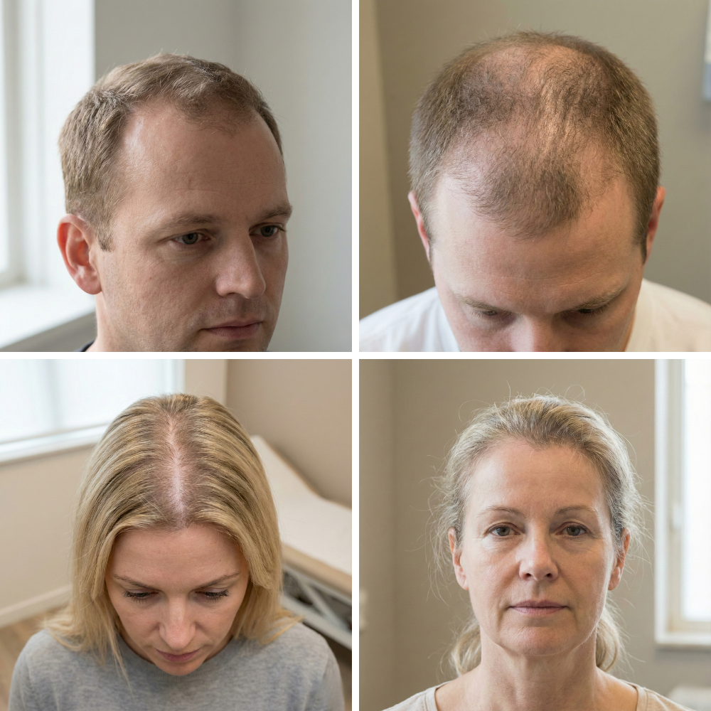 Examples of gradual or hereditary hair thinning in men and women.