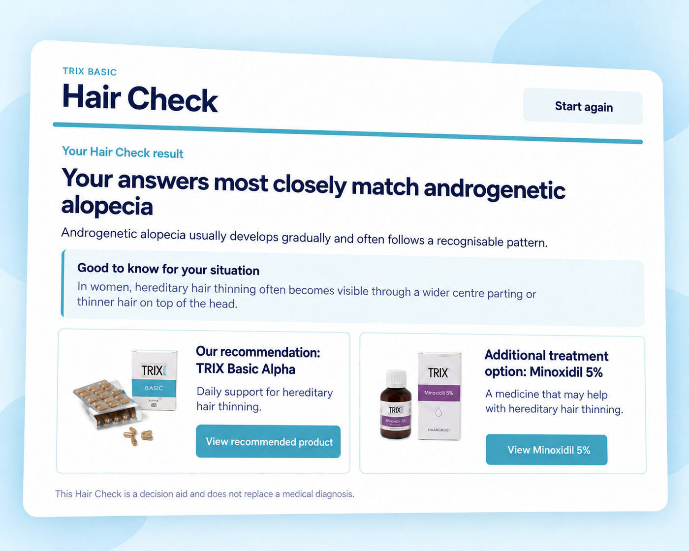 TRIX Basic Hair Check result for androgenetic alopecia with personalised information and product options.