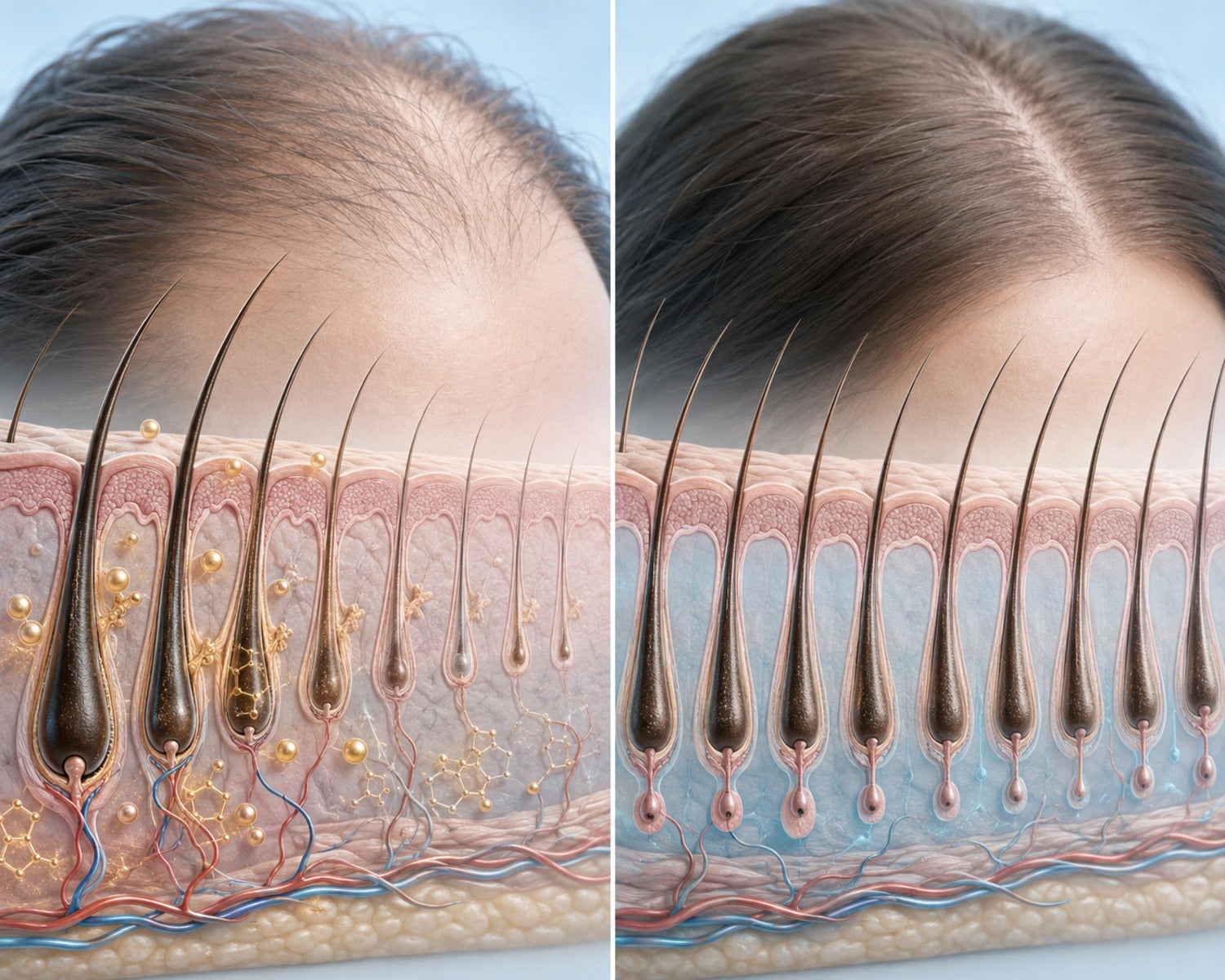 Comparison of follicular miniaturisation and the temporary resting phase in telogen effluvium