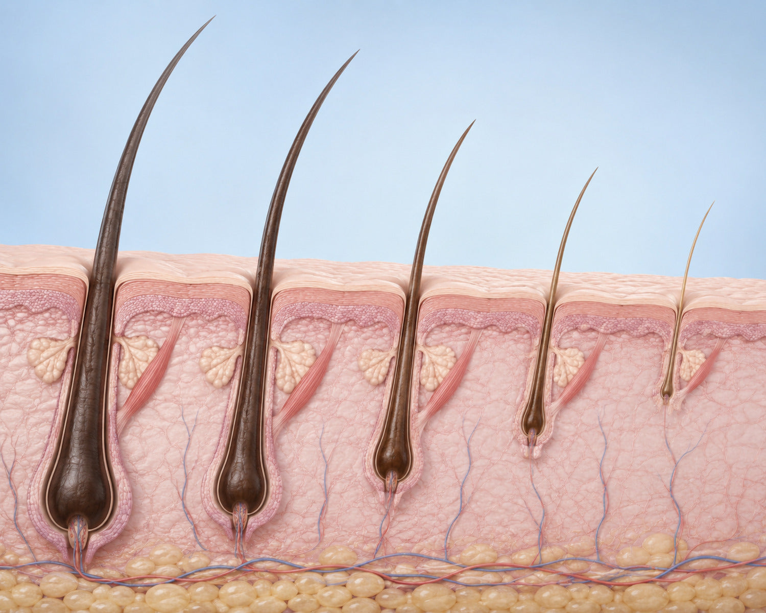 Successive stages of follicular miniaturisation due to DHT sensitivity