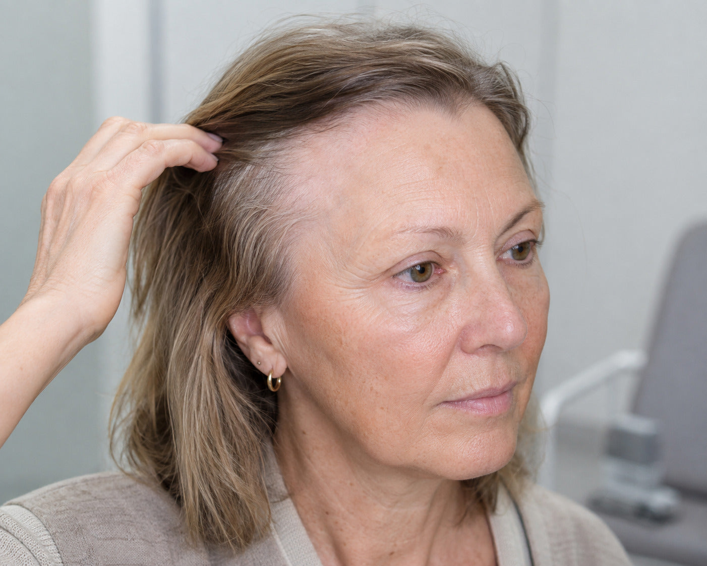 Vrouw toont een terugwijkende haarlijn en dunnere wenkbrauwen bij frontale fibroserende alopecie