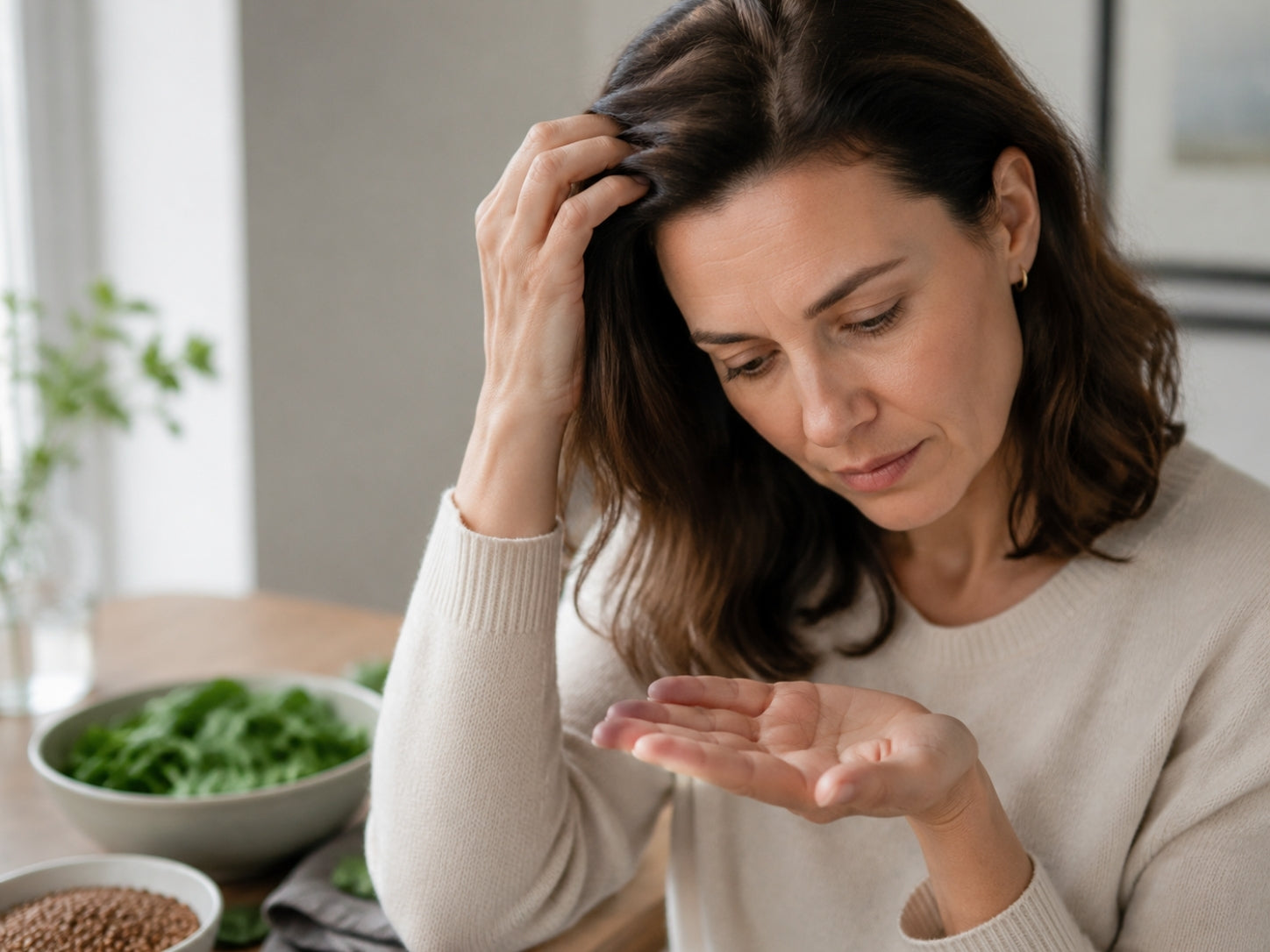 Woman examining hair loss that may be related to iron deficiency.