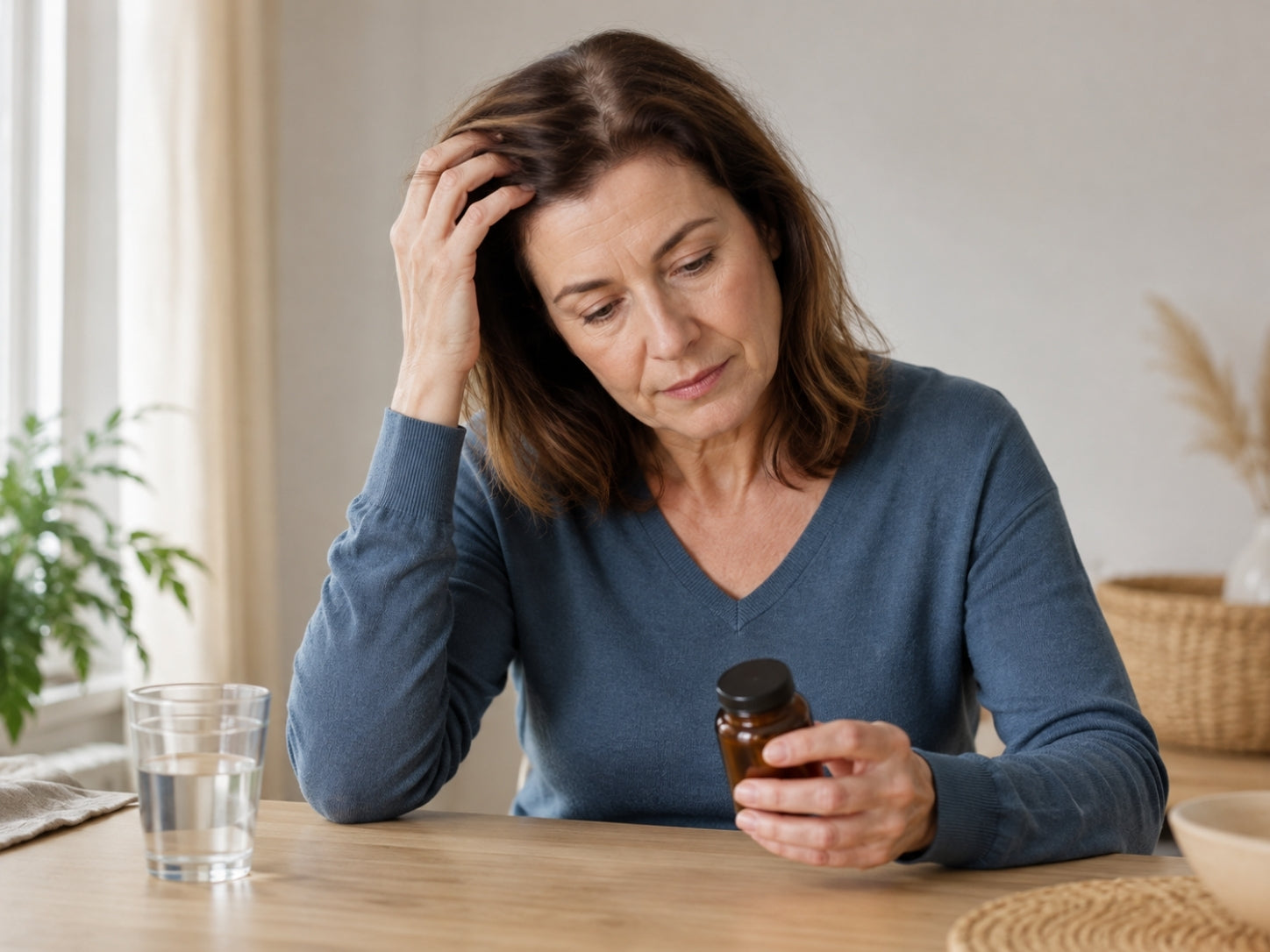 Woman experiencing hair loss that may be related to medication.