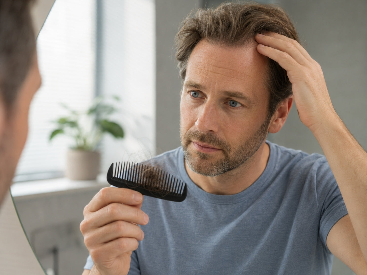 Man examining temporary hair loss during minoxidil shedding.