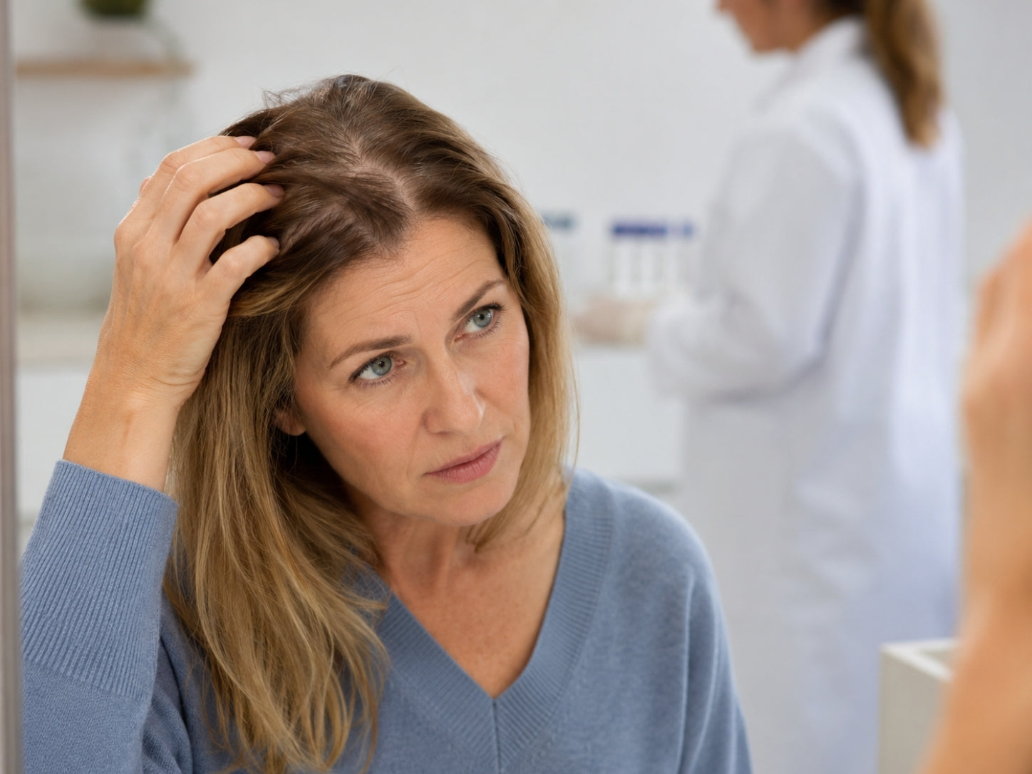Woman checking her hair for possible hair loss related to thyroid problems.