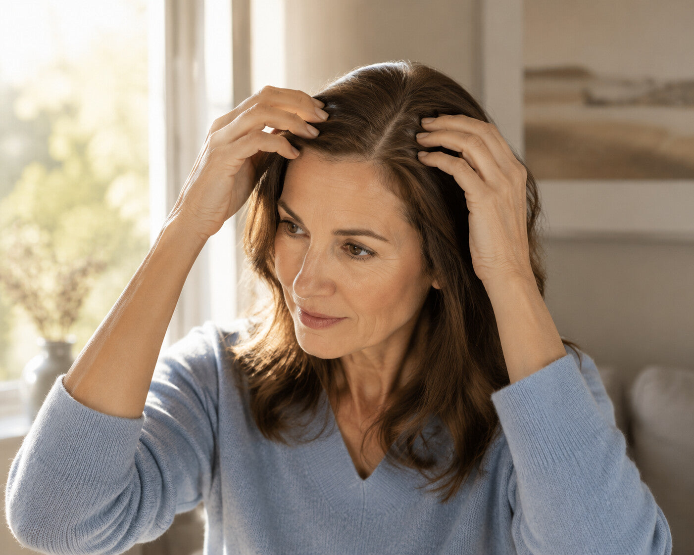 Woman checking her hair for possible hair loss related to vitamin D deficiency.