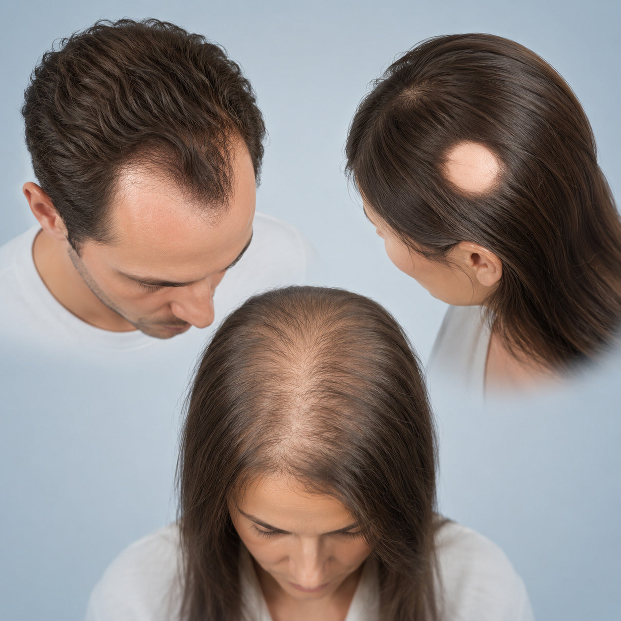 Different patterns of hair loss, including a receding hairline, bald spot, and diffuse thinning