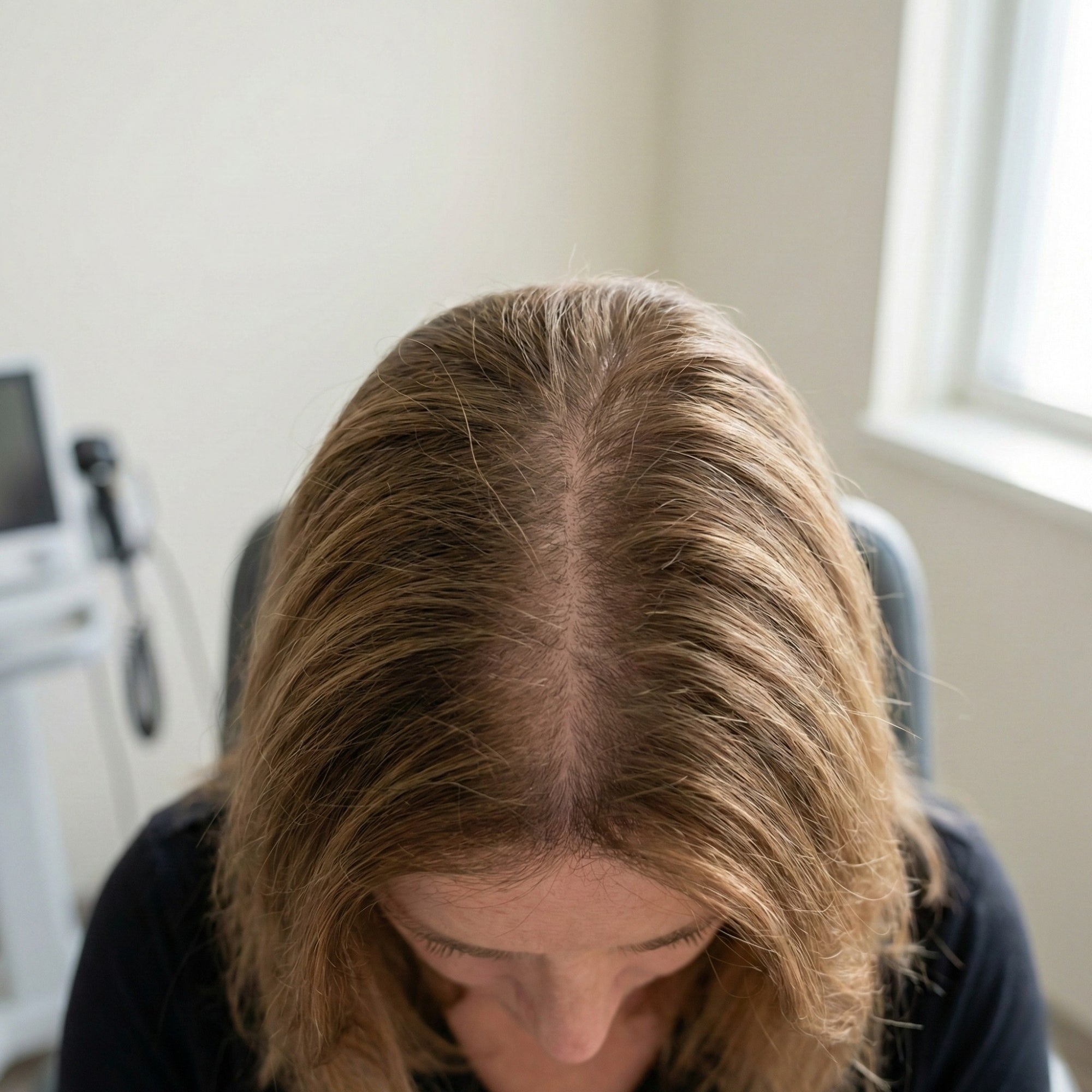 Woman examining gradual hair thinning at the centre part