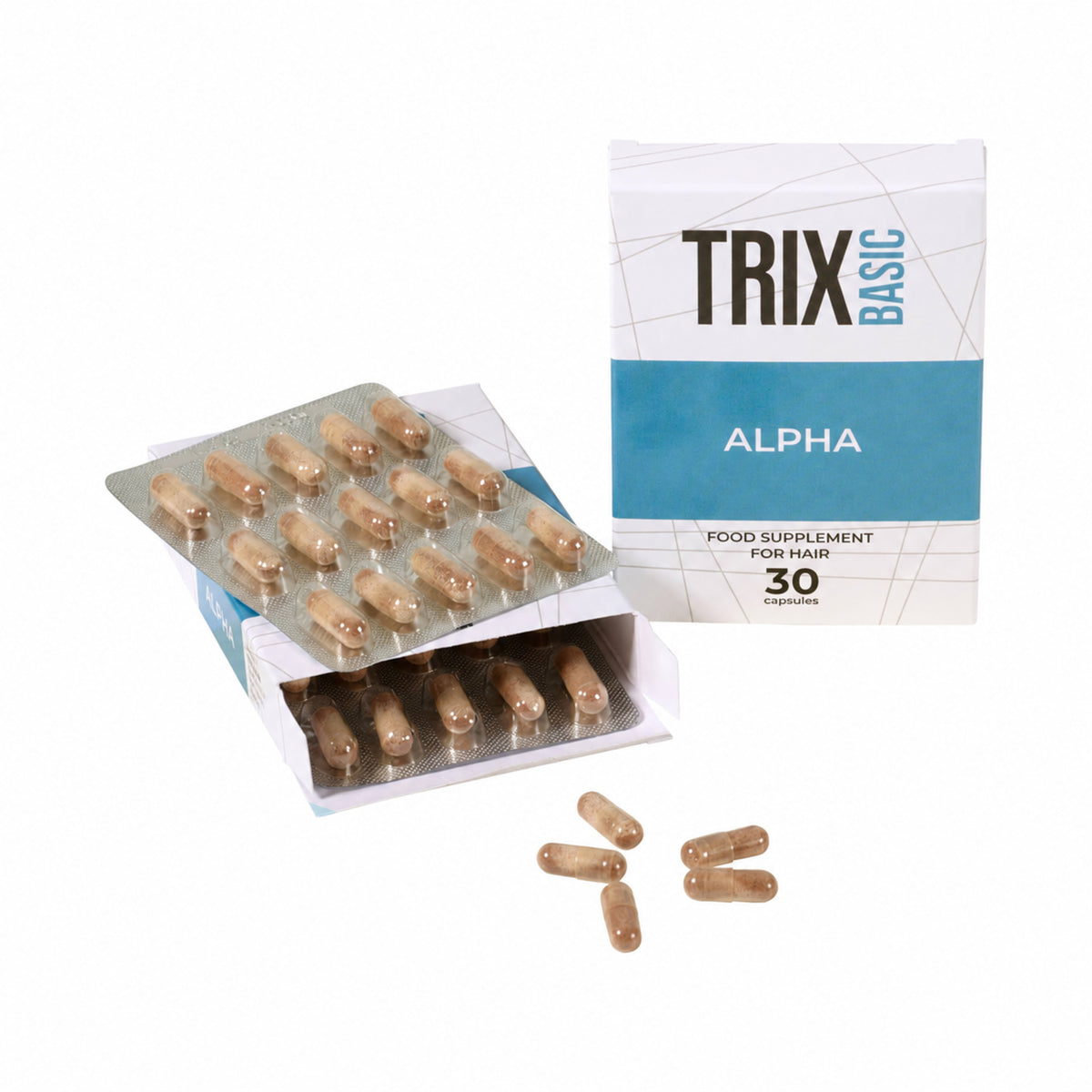 TRIX Basic Alpha packaging with blister packs and loose capsules.