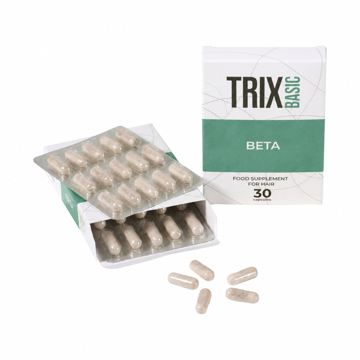 TRIX Basic Beta food supplement – pack of 30 capsules with blister packs and individual capsules