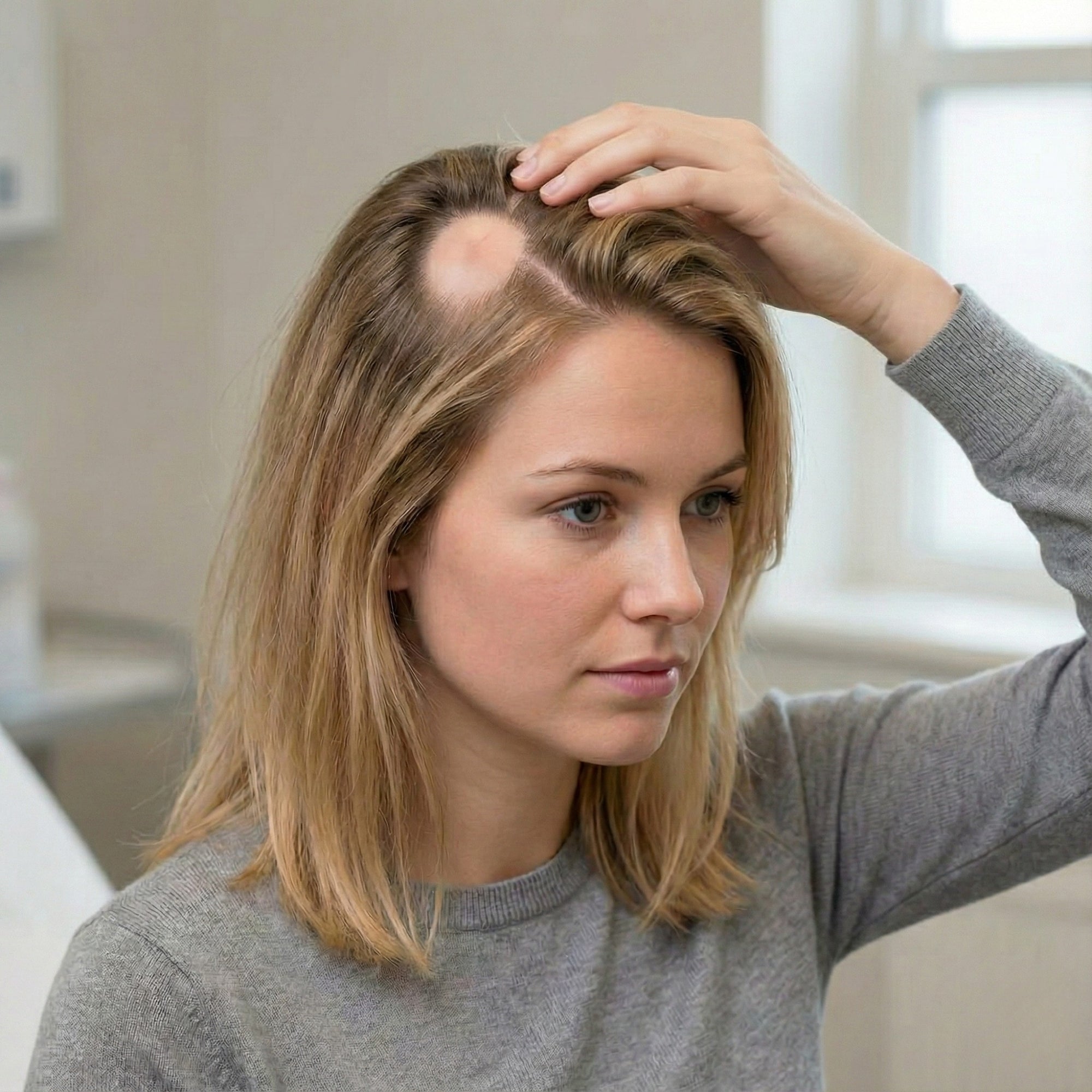 Woman with localized hair loss on the scalp