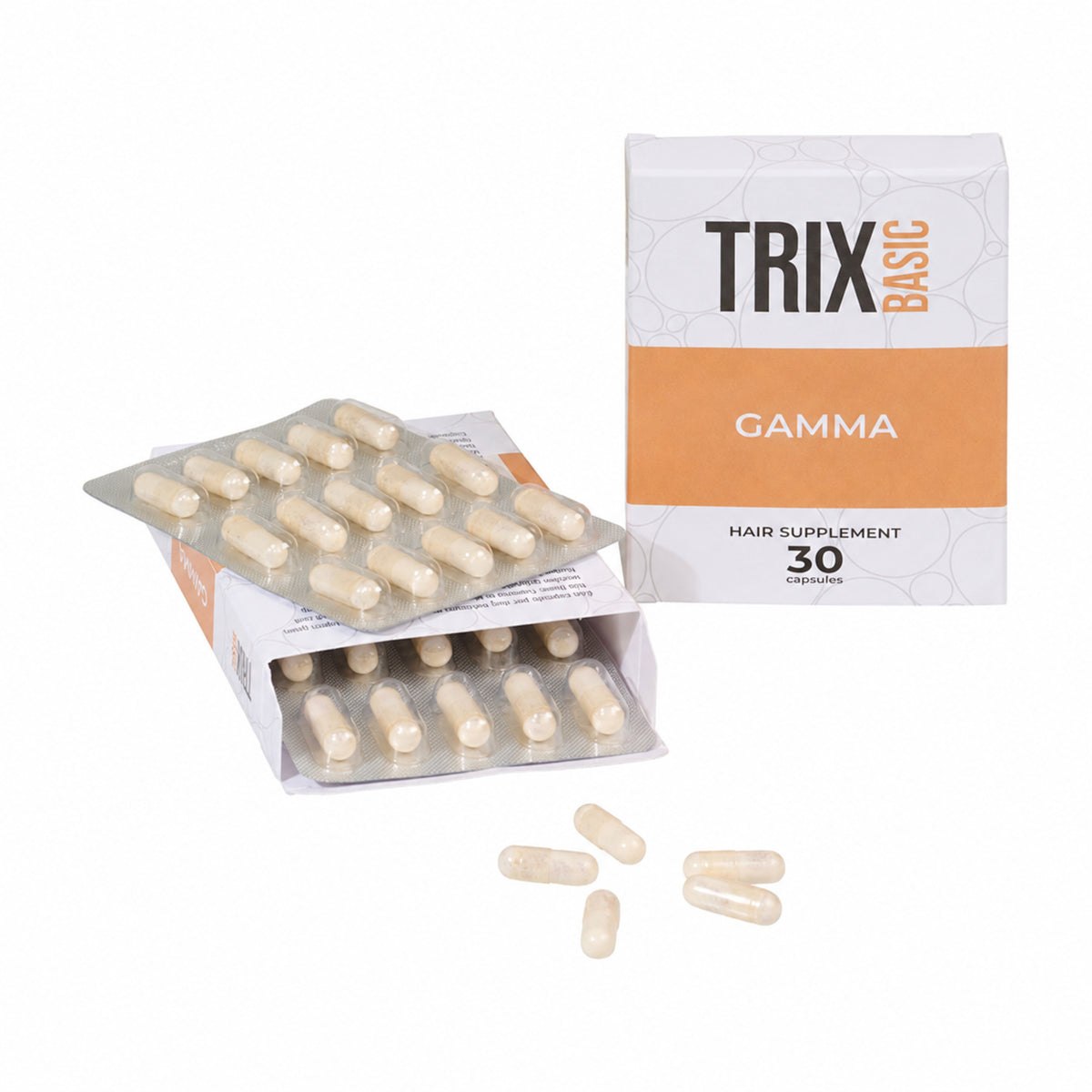 TRIX Basic Gamma food supplement – pack of 30 capsules with blister packs and individual capsules.