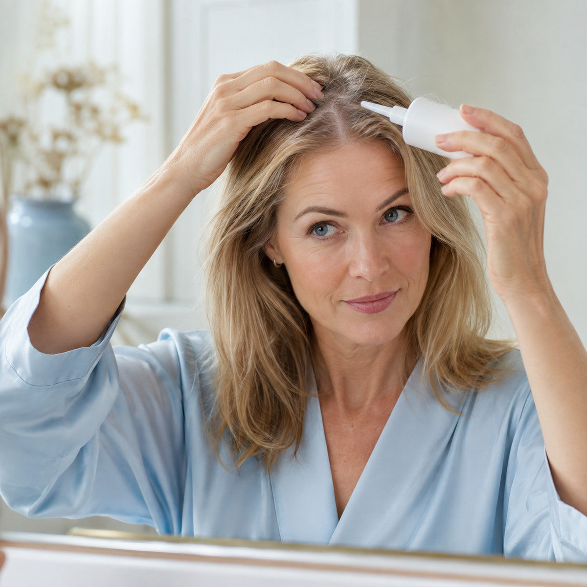 Woman carefully applies minoxidil to her scalp
